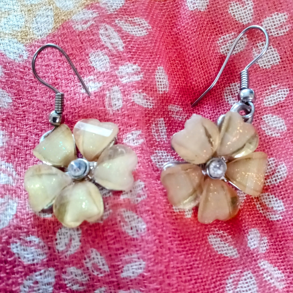 Cream Floral Earrings with Crystal Accents